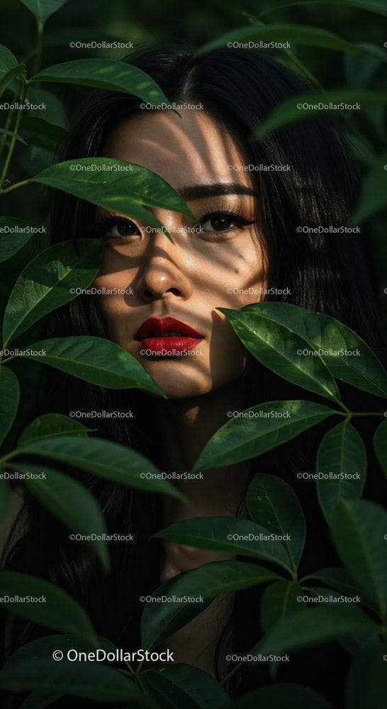 Female Portrait Surrounded by Green Leaves with Vibrant Colors