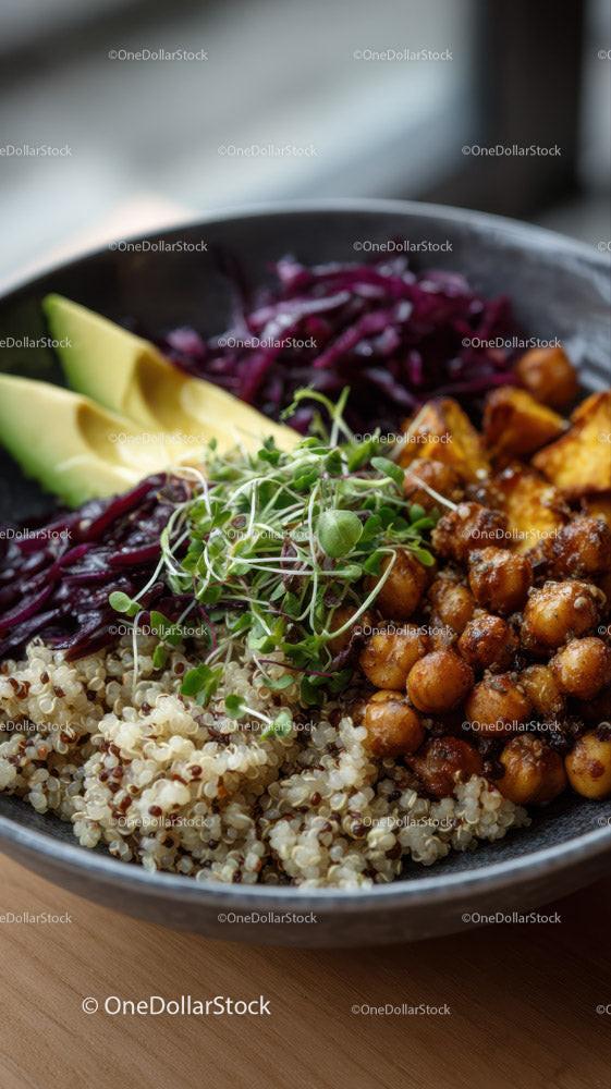 Colorful Vegan Bowls with Chickpeas Sweet Potatoes Red Cabbage and Quinoa Stock Photo Bundle preview 16