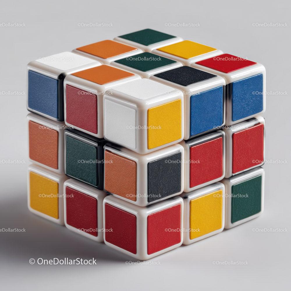 Partially twisted plastic puzzle cube with multicolored square panels on gray surface