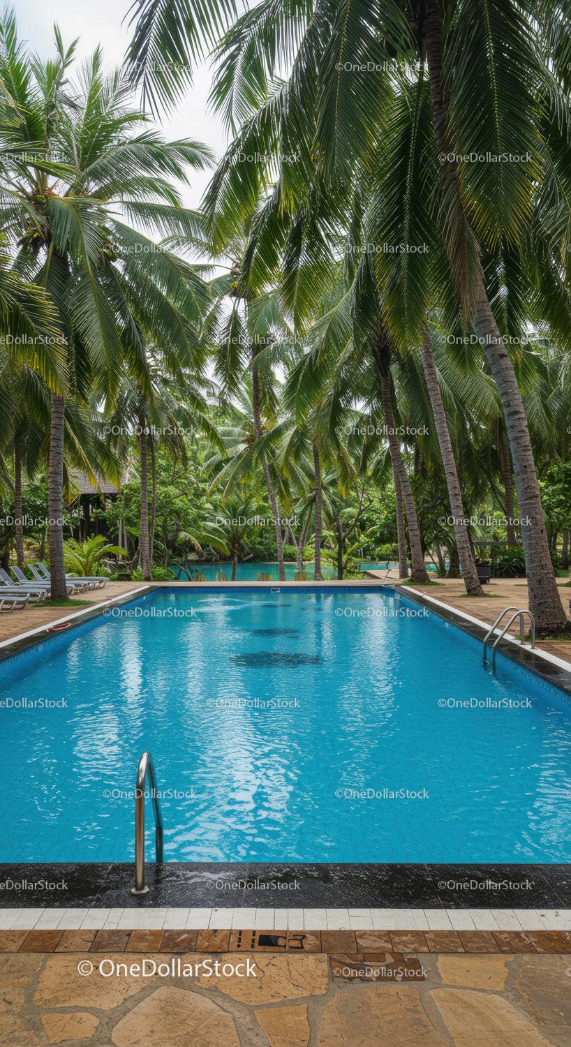 Luxurious Tropical Resort Pool Surrounded by Lush Palm Trees