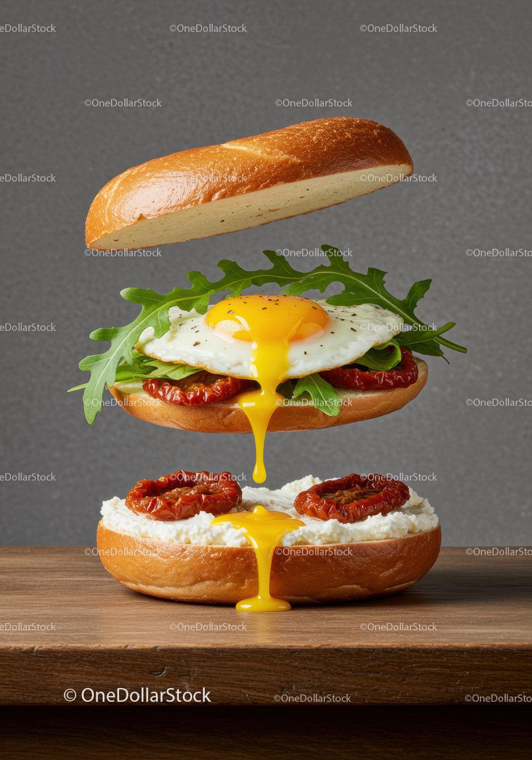 Fresh sandwich with fried egg and sun-dried tomatoes
