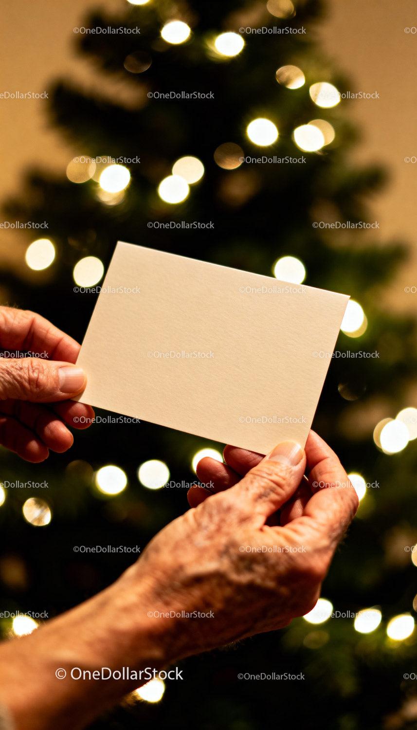Hands Holding Blank Card by Christmas Tree Lights JPG Mockup Image preview