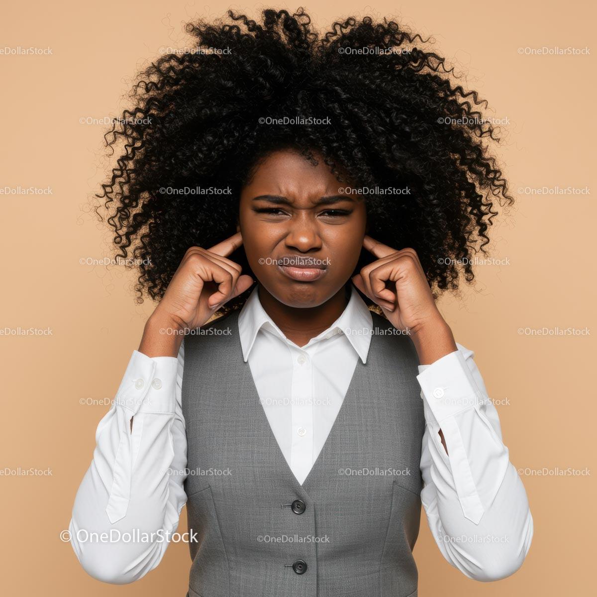 Confused Young African American Woman Covering Her Ears with Frustrated Expression