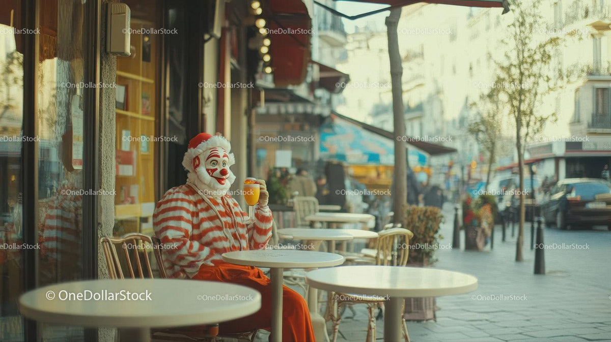 Clown wearing red and white striped jacket sitting at empty outdoor cafe table holding orange juice glass