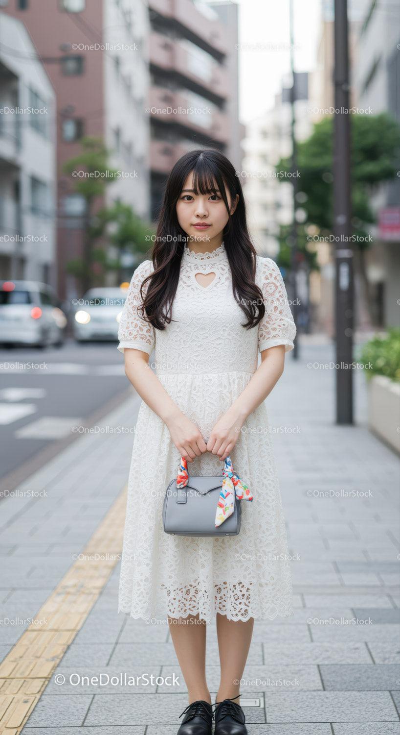 Young Woman Wearing White Lace Dress Standing on City Street
