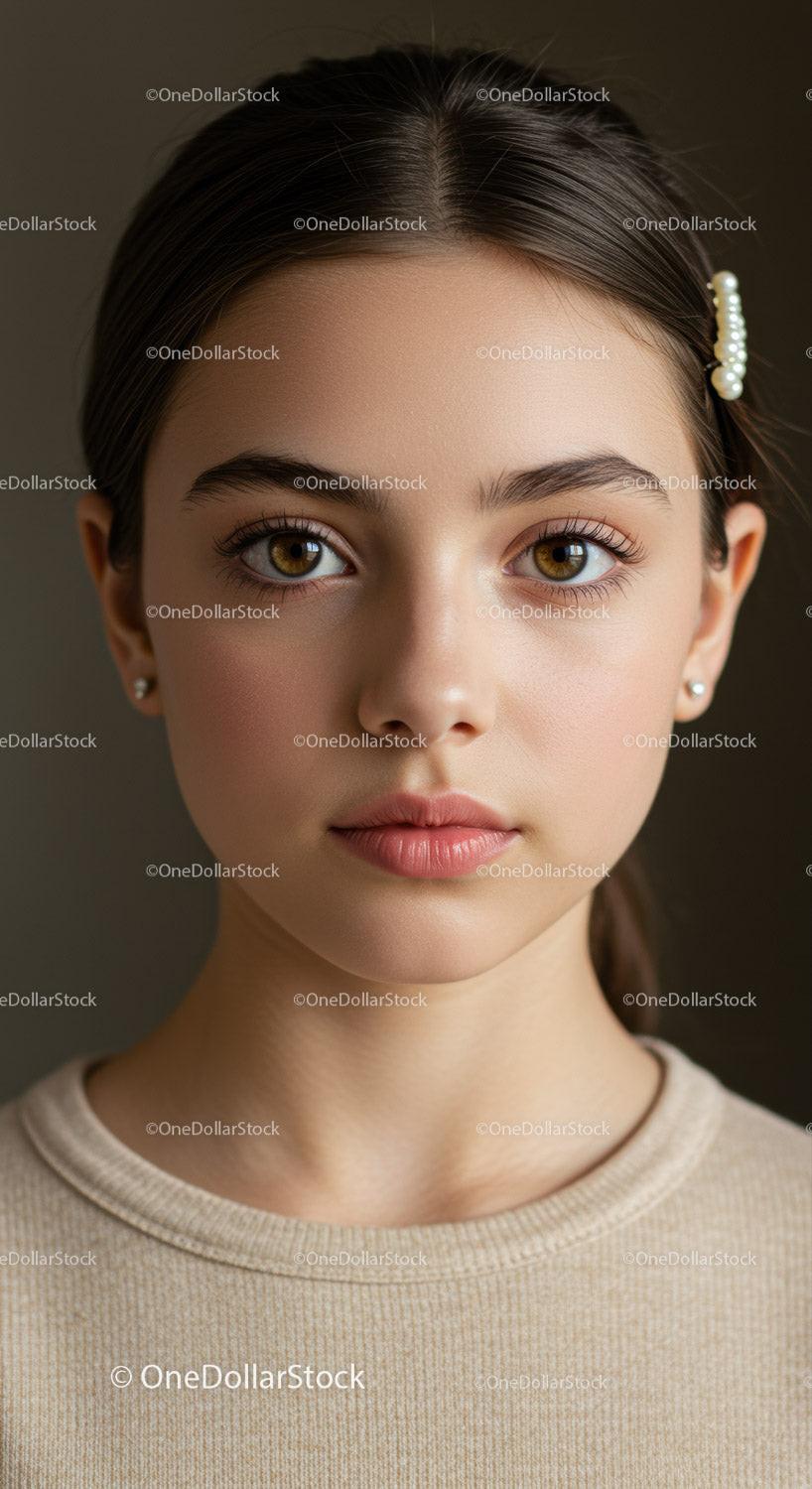 Elegant Youthful Woman with Hazel Eyes and Pearl Hair Clip