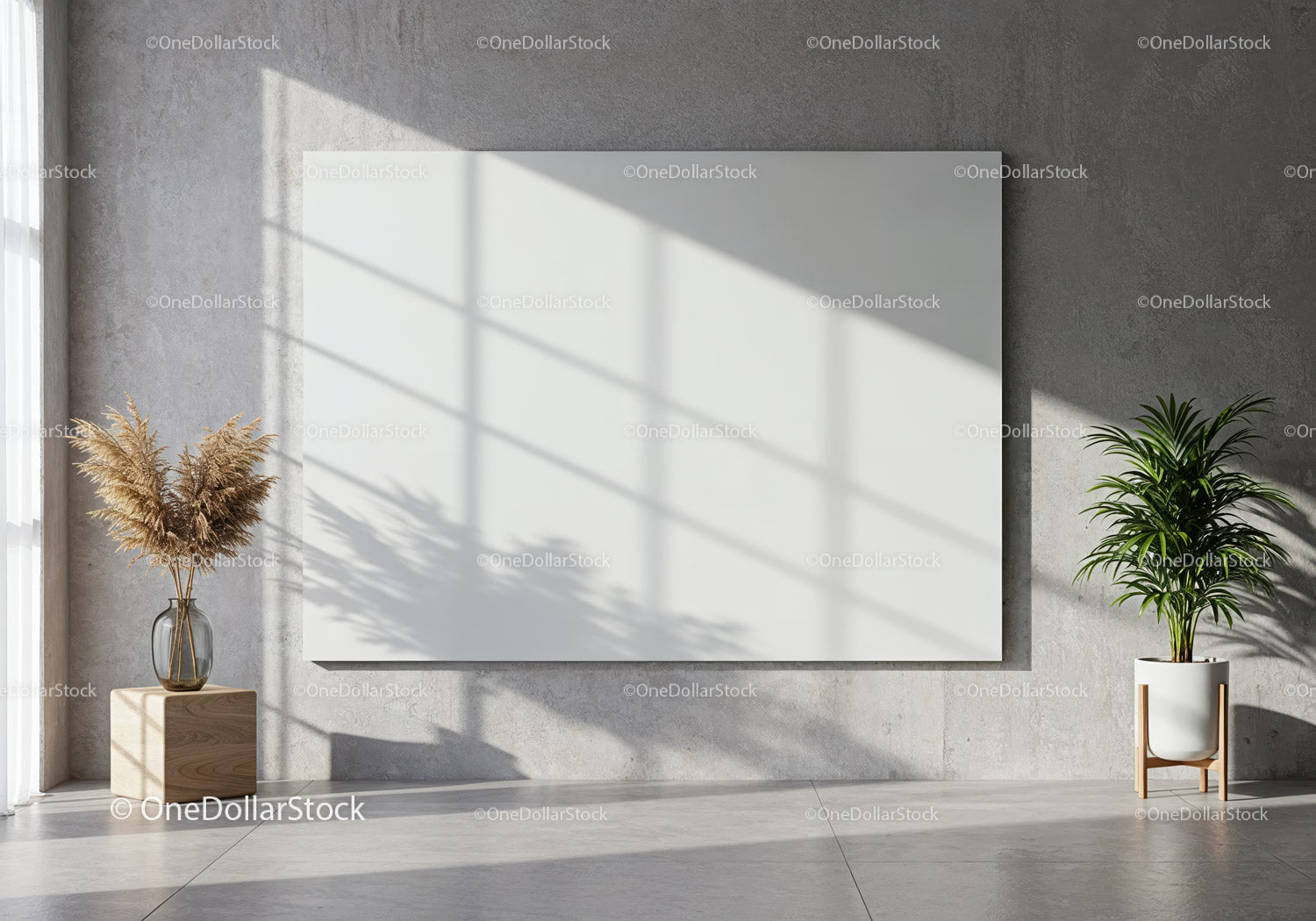 Minimalist interior with blank canvas and natural plants