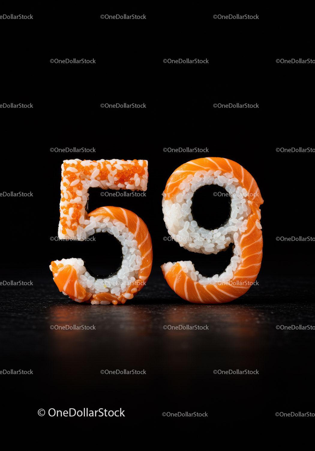 Creative sushi rolls shaped as number fifty nine