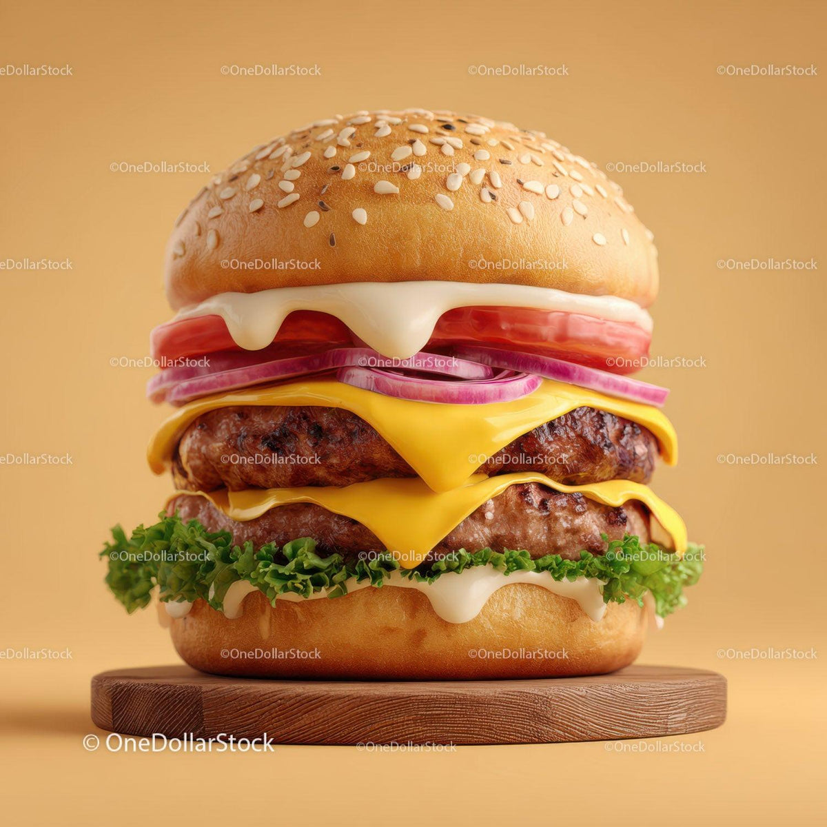 Gourmet Cheeseburger with Cheese Lettuce Tomato Red Onions Stock Photo Bundle preview 24
