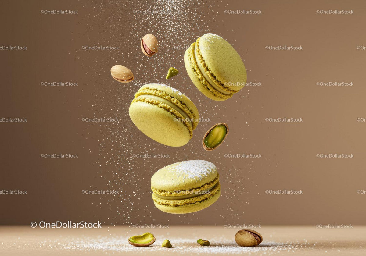 Floating pistachio macarons with powdered sugar