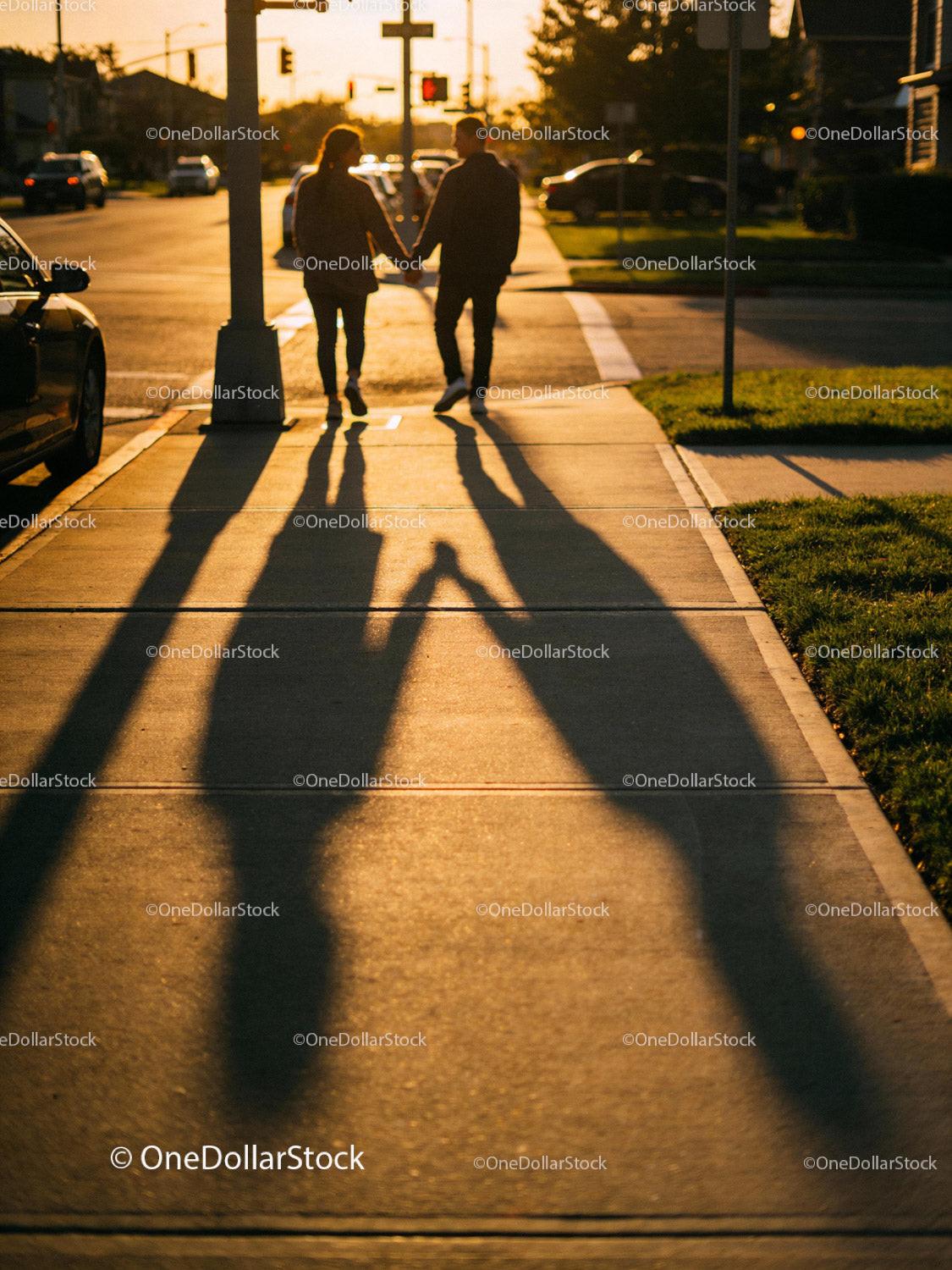 Couple Holding Hands Walking on Sunny Sidewalk