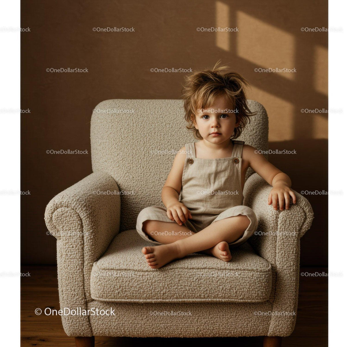 Toddler sitting calmly on a cozy armchair indoors