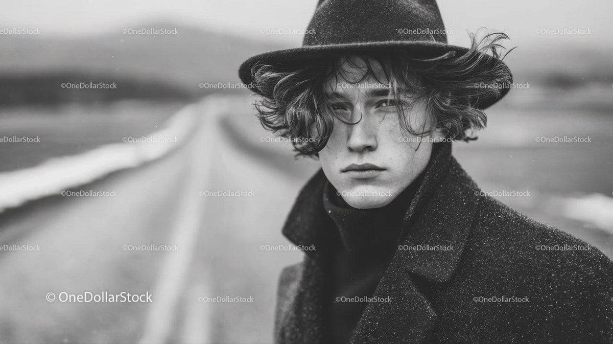 Moody Black and White Portrait of a Young Man with Windblown Hair