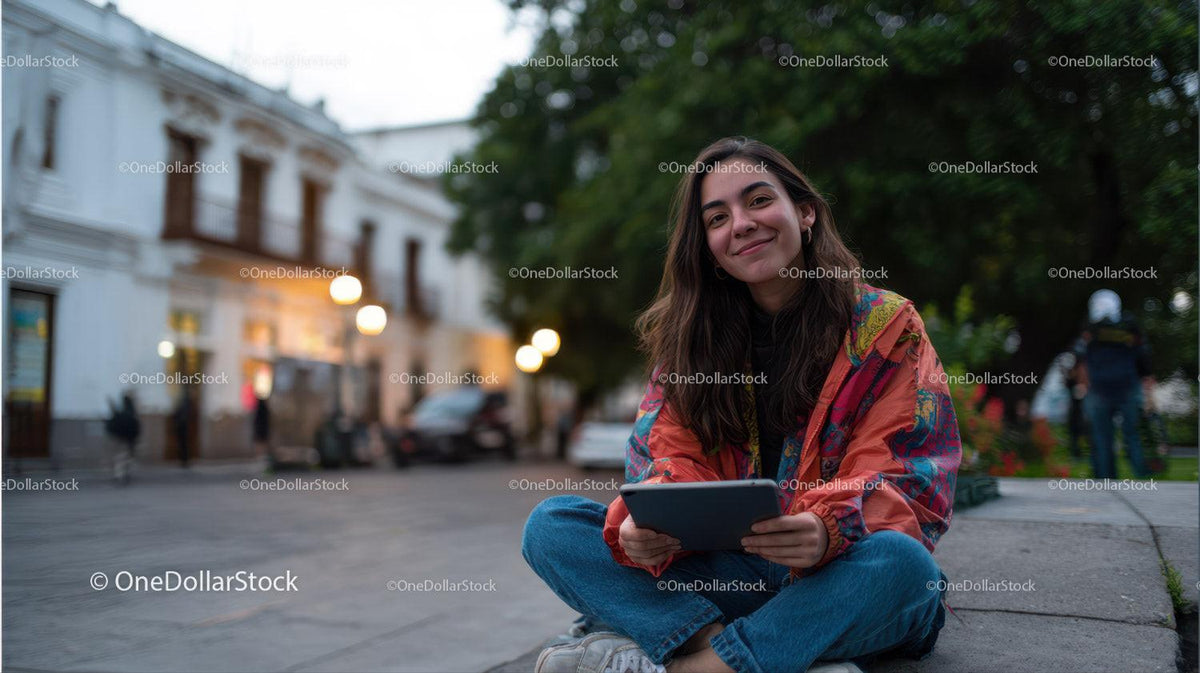 Young Woman Sitting Cross-Legged with Tablet in City Street Setting