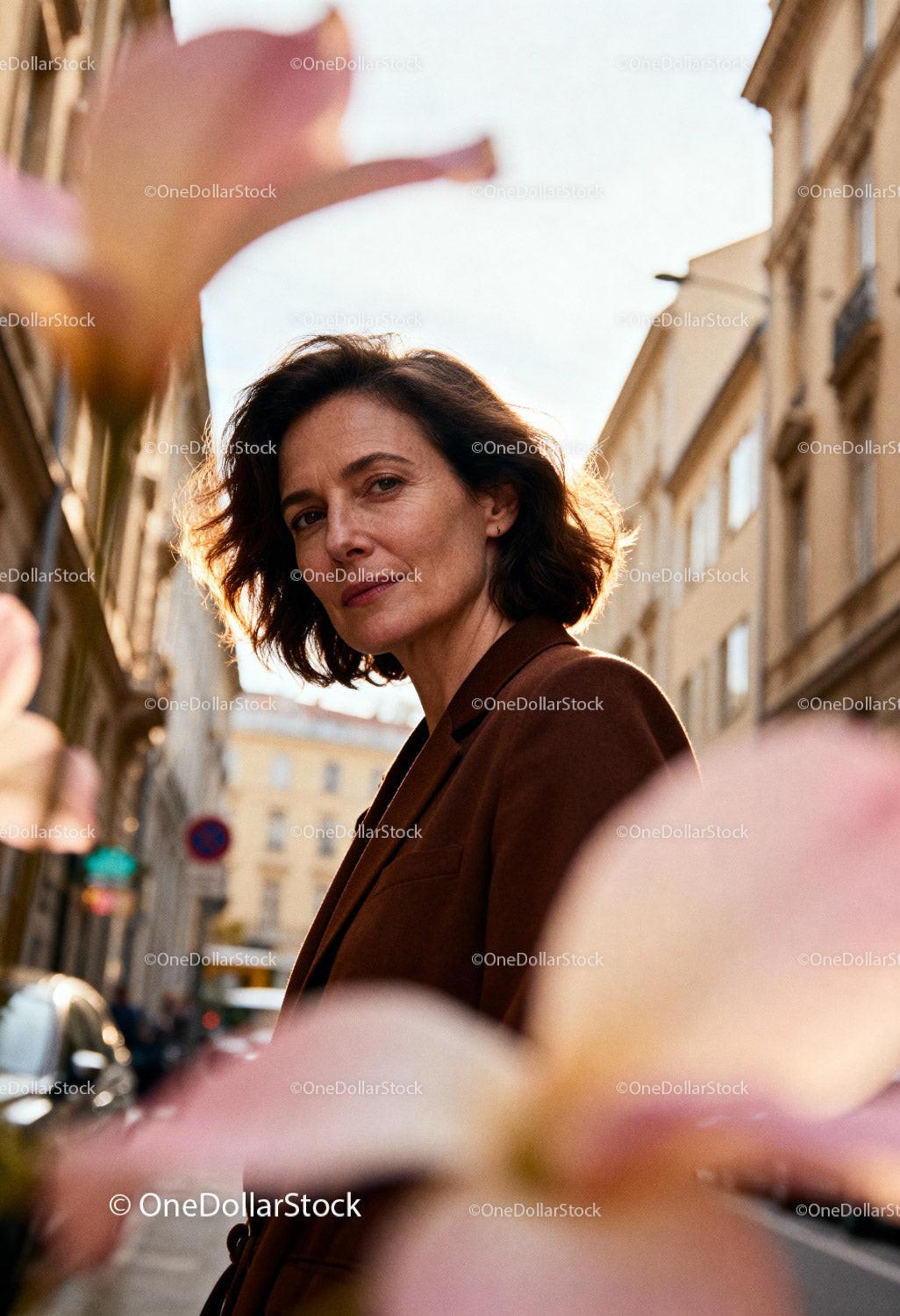 Confident mature woman in urban street with soft flowers