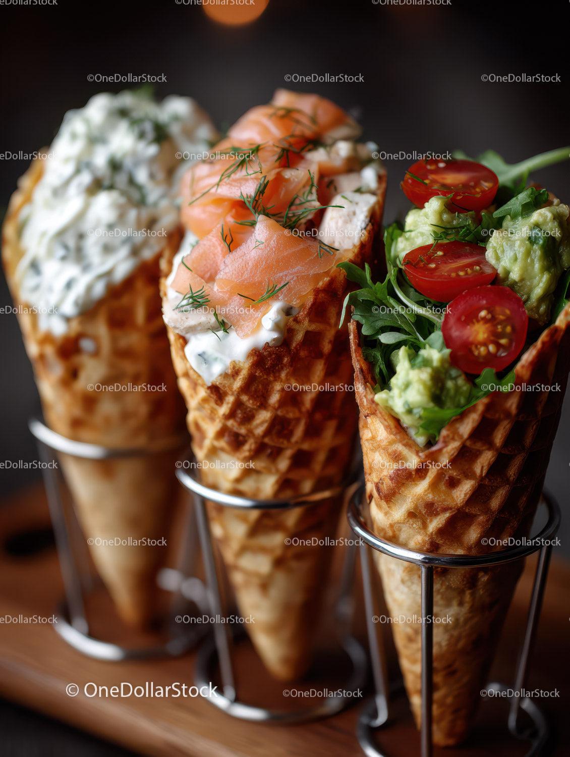 Assorted Waffle Cones with Fresh Vegetables and Smoked Salmon