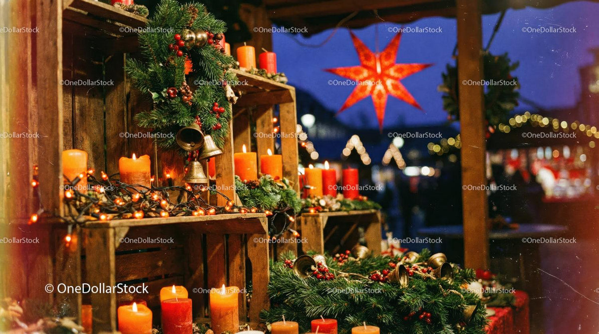 Festive Christmas Market Stall with Candles and Wreaths