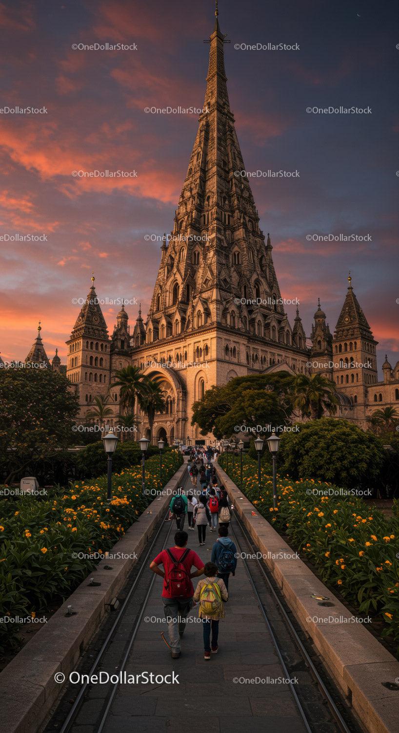 Famous Gothic Cathedral with Tall Spire at Sunset Sunset in Sky