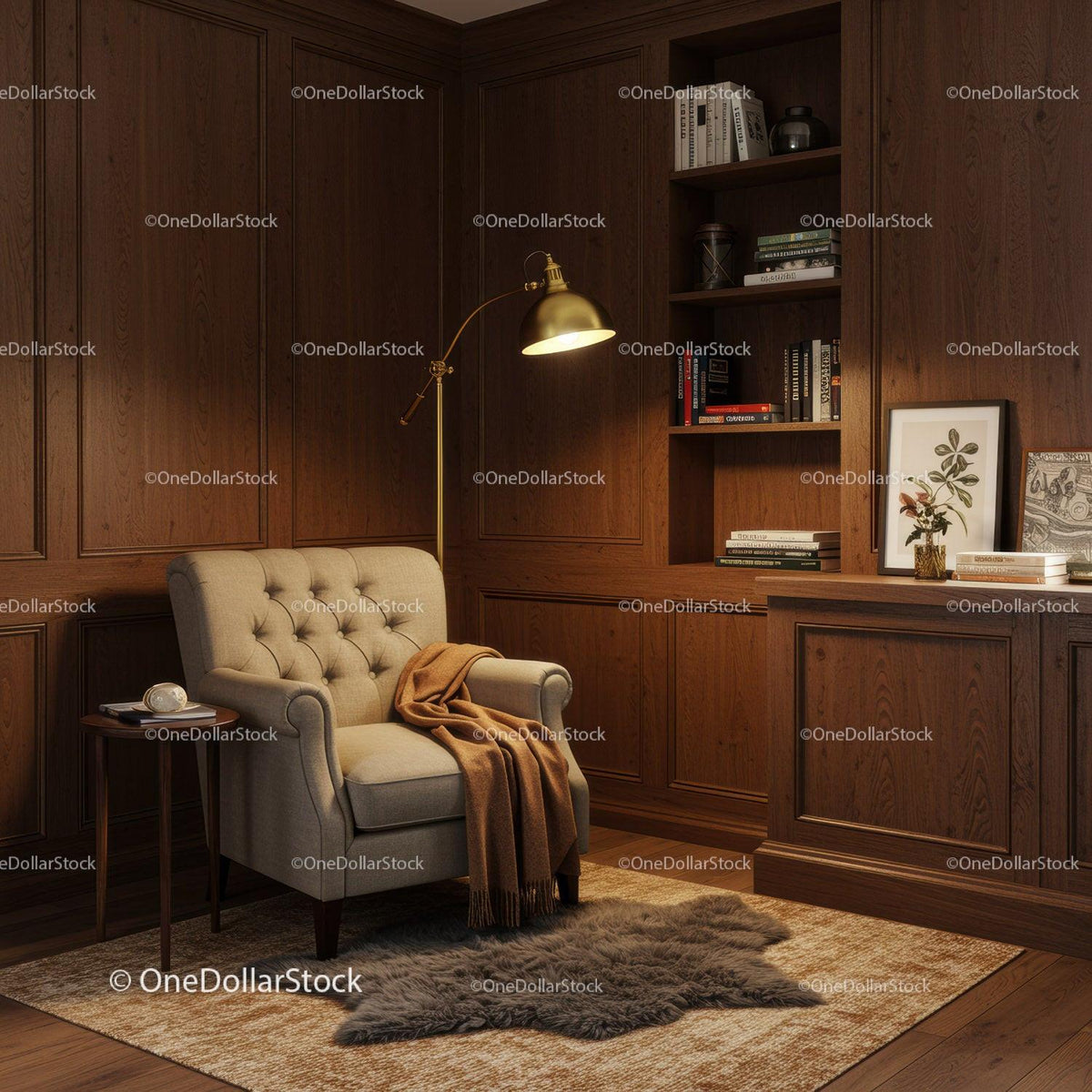 Cozy reading nook with armchair and warm lighting