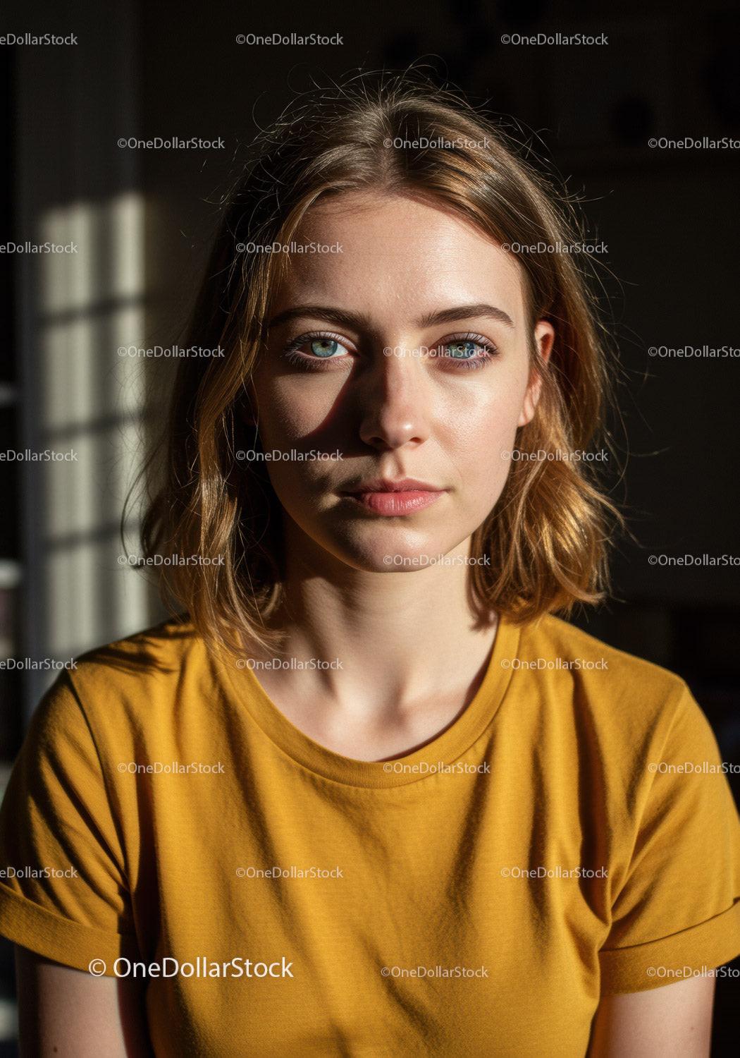 Portrait of a Young Woman with Blue Eyes Wearing Yellow T-Shirt