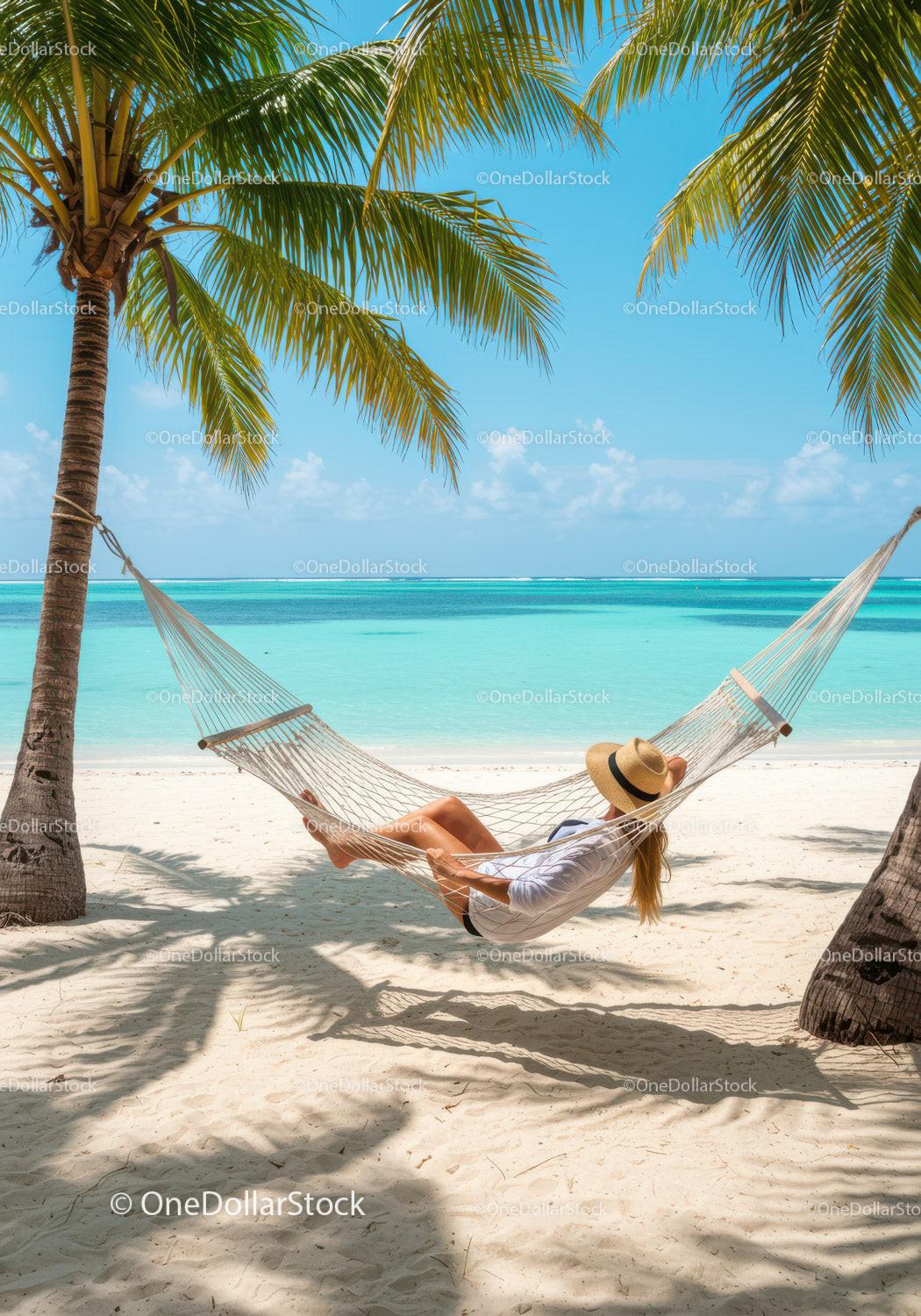 Relaxing Woman in Hammock on Tropical Beach with Palm Trees and Ocean