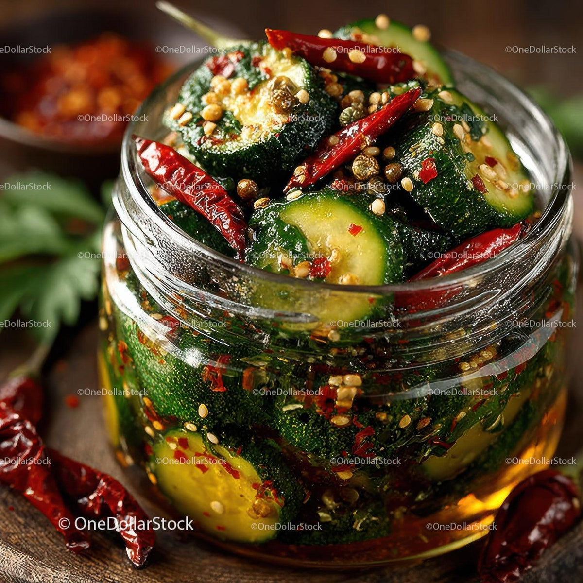 stock photo bundle made with Vibrant Spicy Cucumber Kimchi in Glass Jar with Fresh Vegetables Stock Photo Bundle