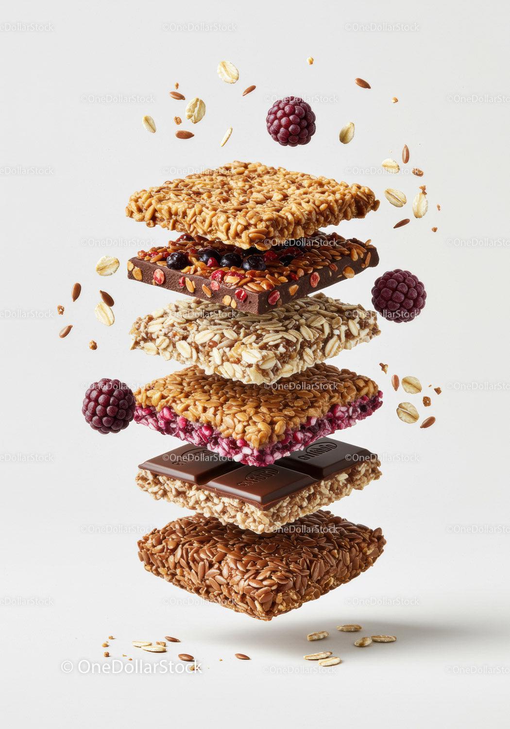 Stack of Mixed Granola Bars with Berries and Chocolate