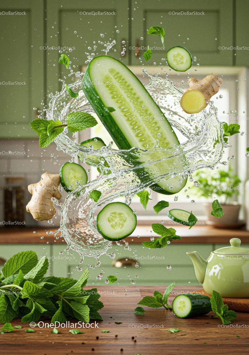 Fresh cucumber and ginger splash with mint leaves
