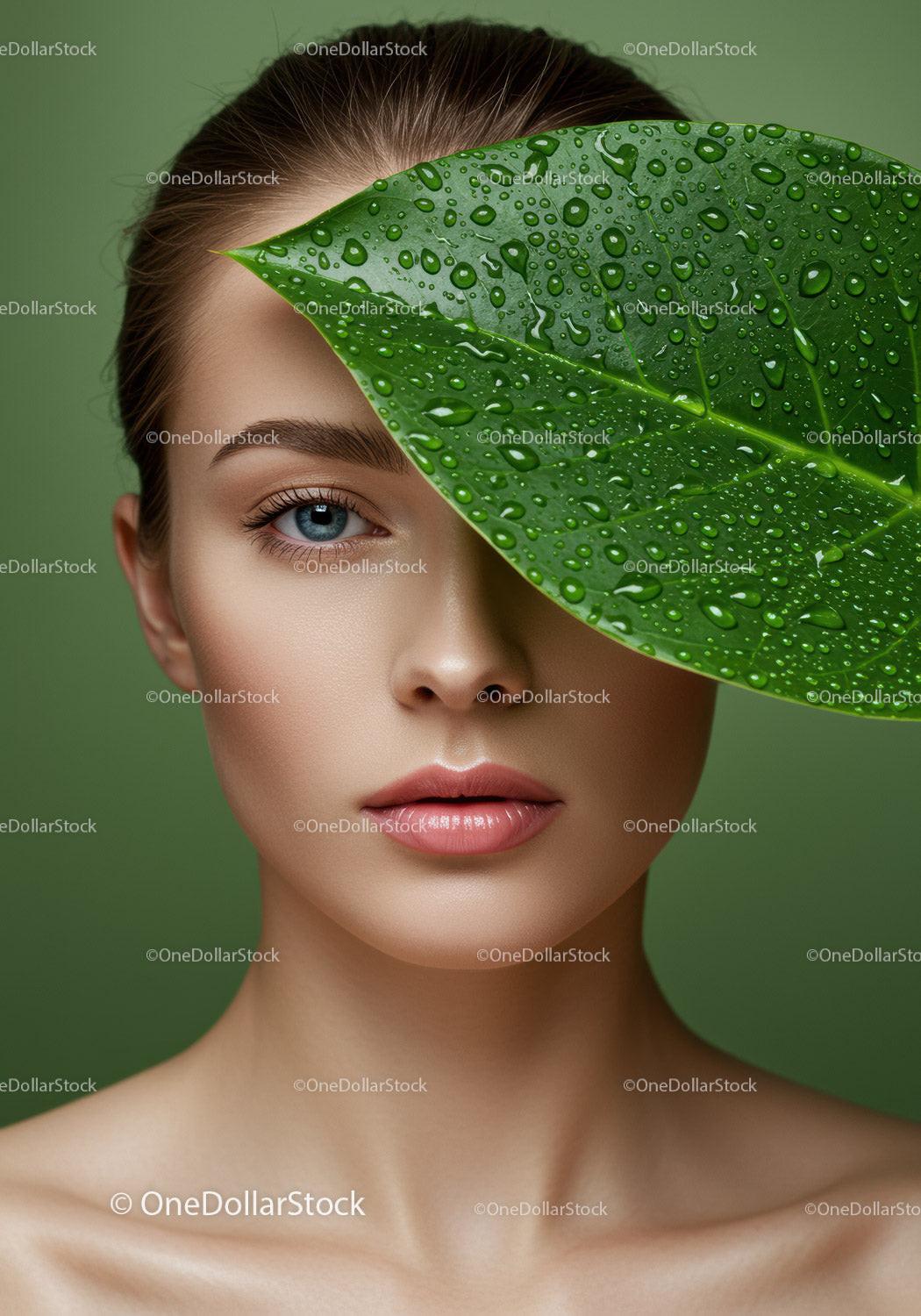 Portrait of a Woman with Blue Eyes and Leaf in Fresh Natural Setting