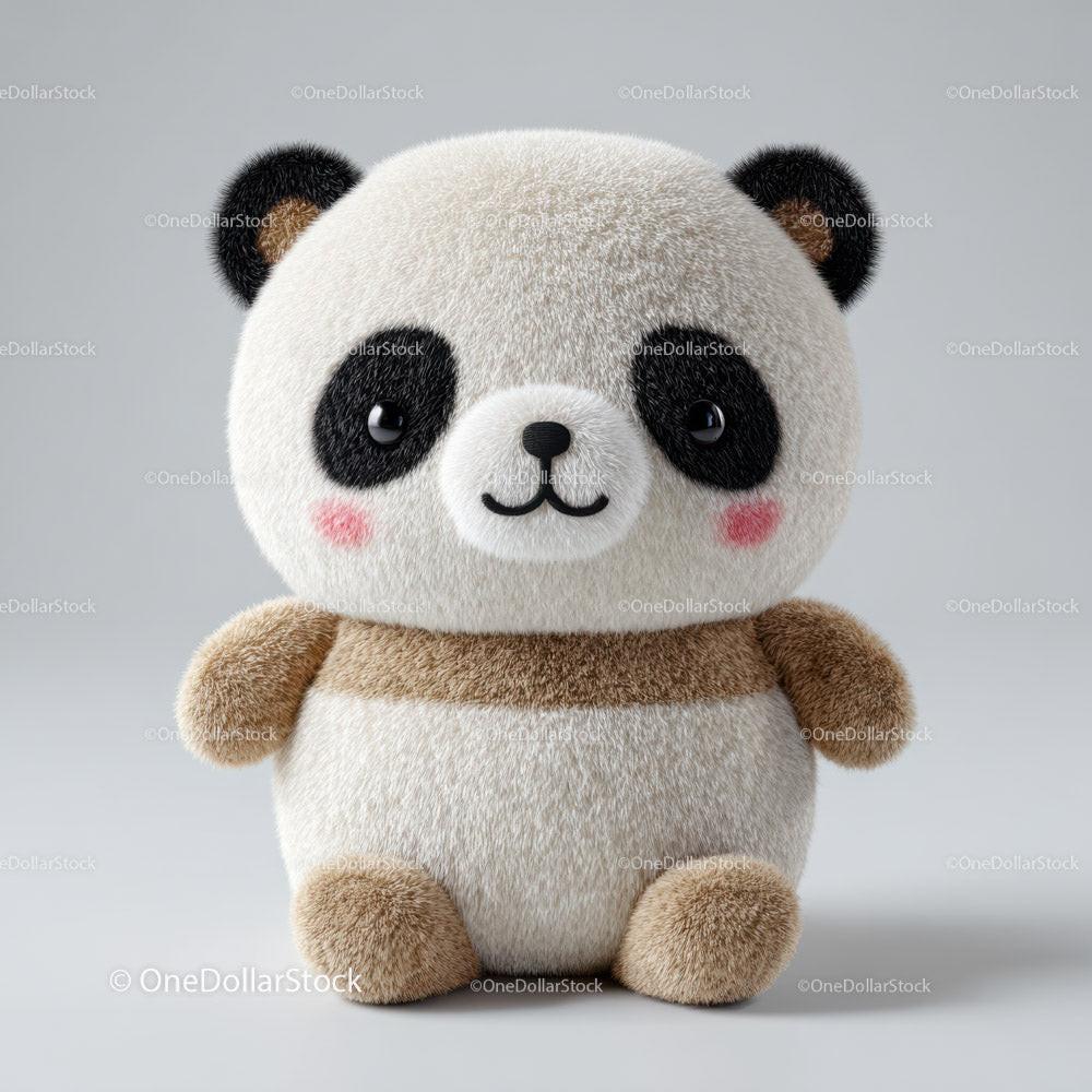 Plush panda bear toy with black eye patches and brown limbs sitting upright