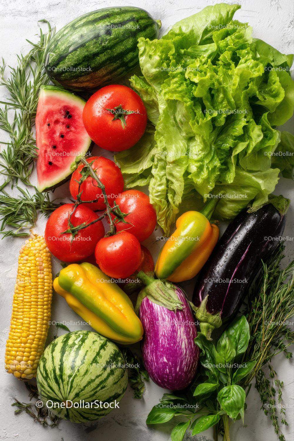 Fresh Summer Vegetables and Fruits Arrangement with Watermelon