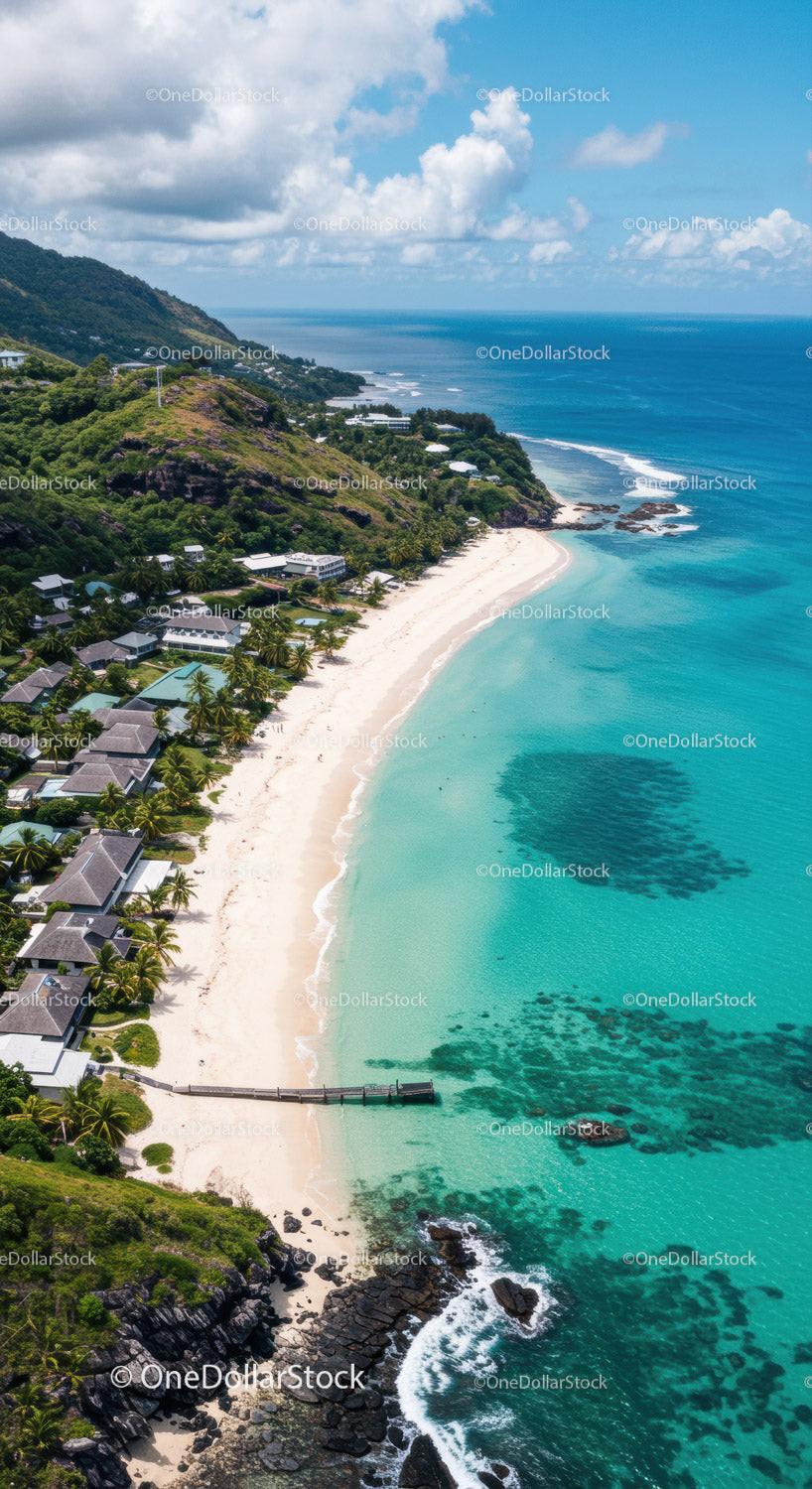 Tropical Beach with White Sand and Turquoise Water Overlooking Ocean