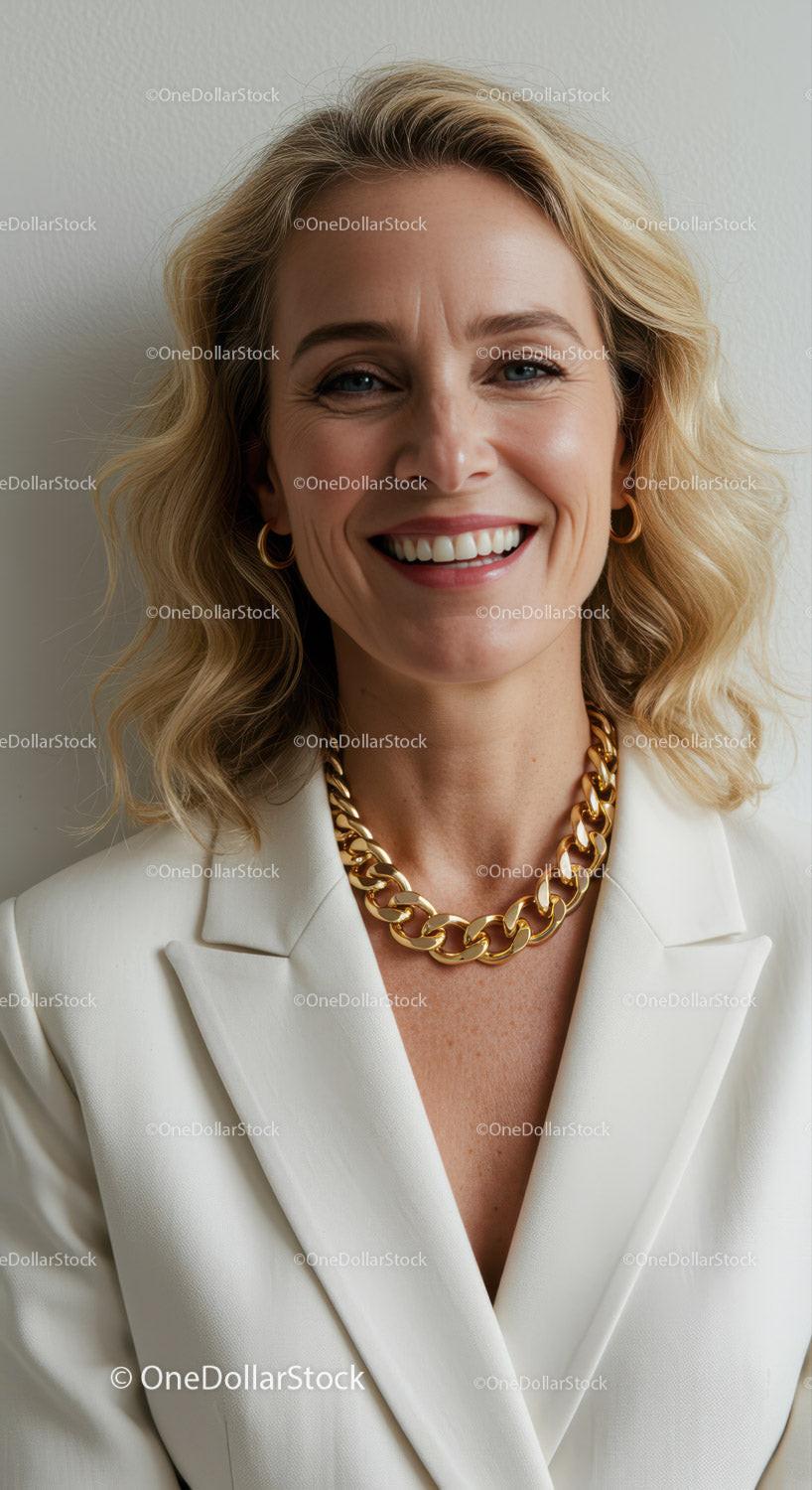 Elegant Woman with Blonde Hair Wearing White Blazer and Gold Necklace