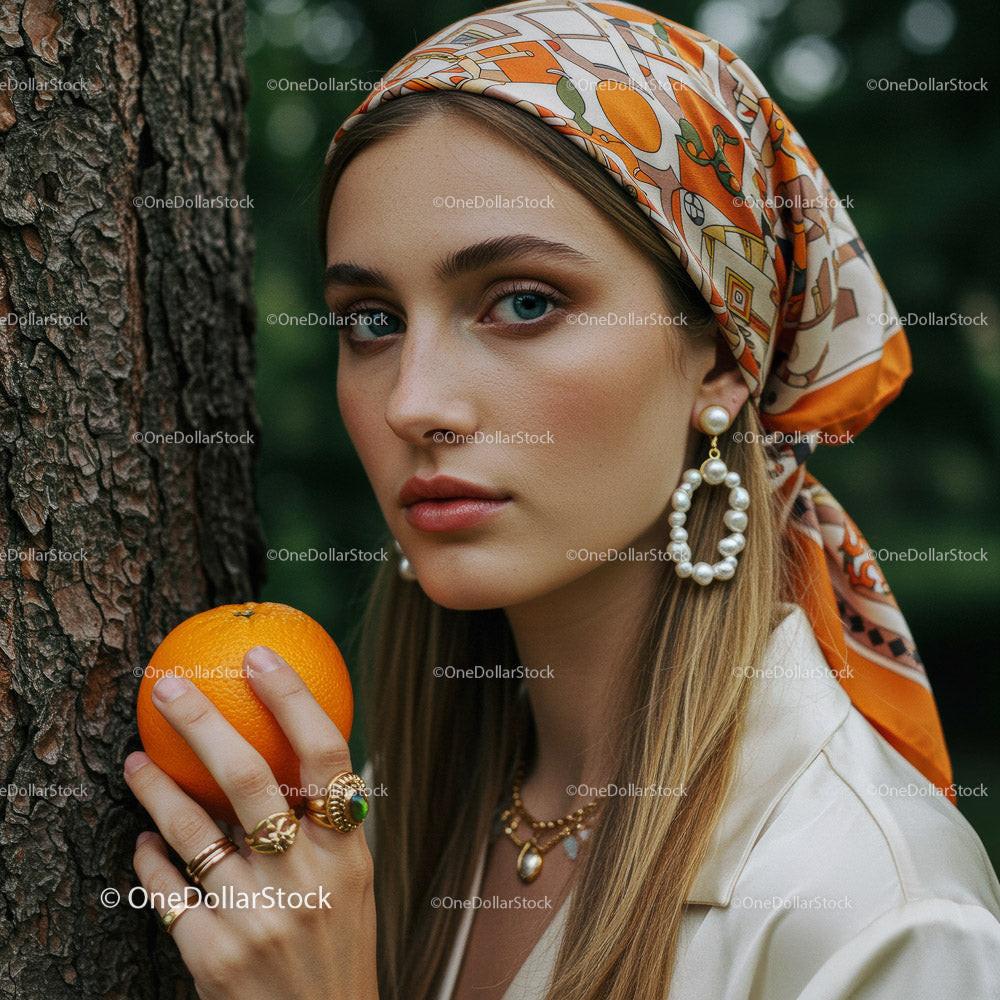 Stylish Woman Holding an Orange in a Bright Outdoor Setting Stock Photo Bundle preview 26