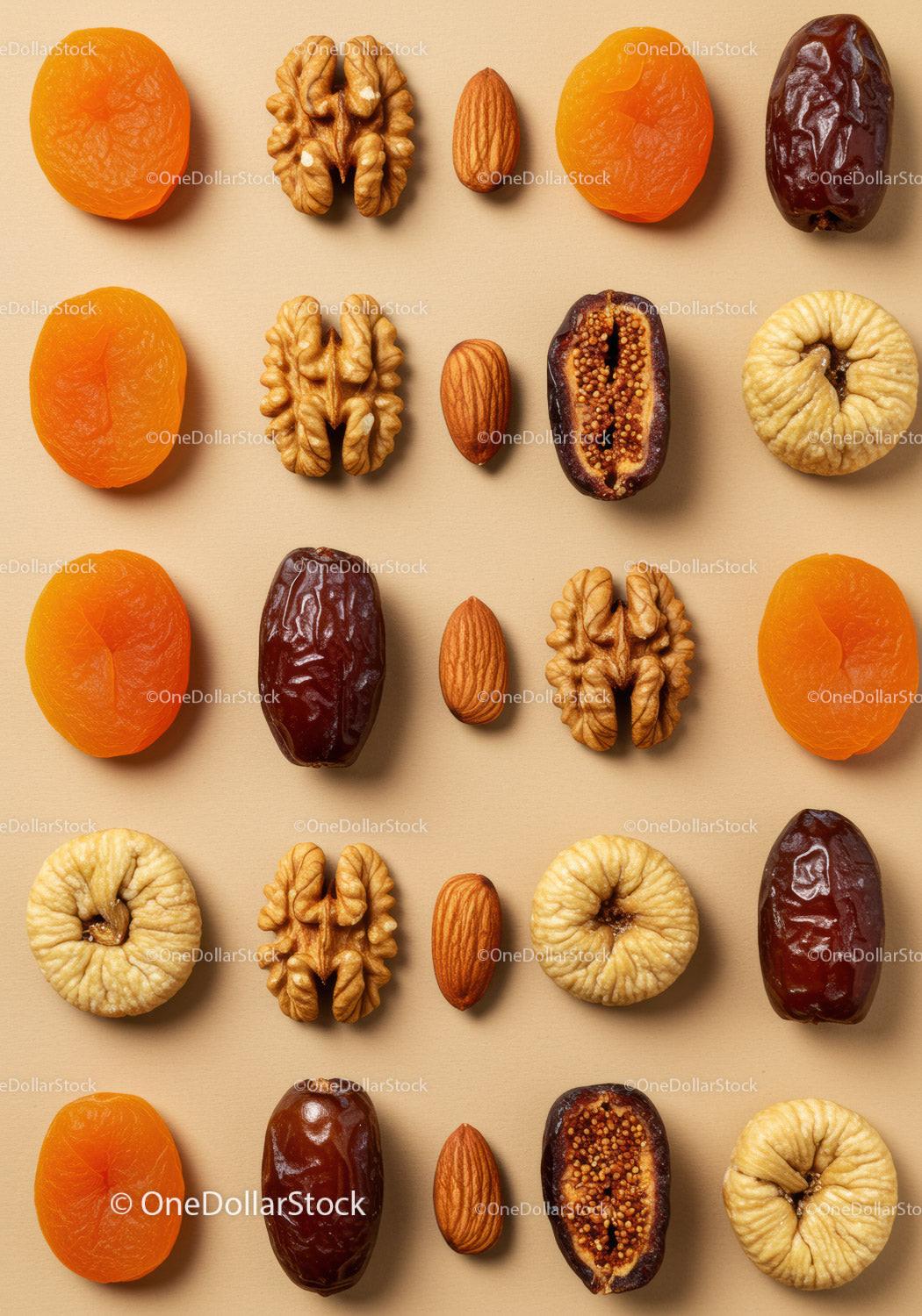 Neatly arranged dried fruits and nuts on beige background