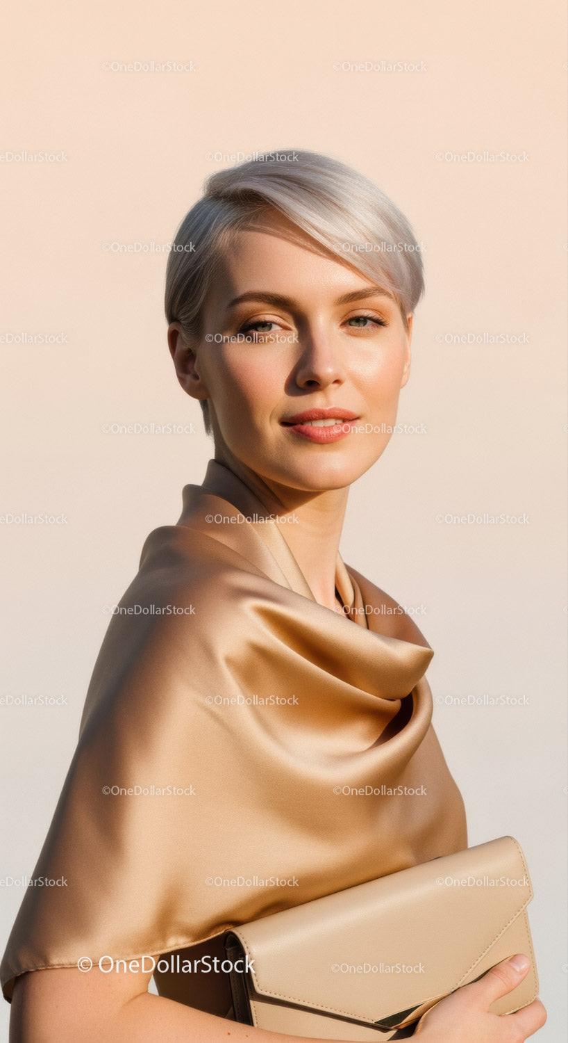 Elegant Woman with Short Blonde Hair and Natural Makeup in Studio