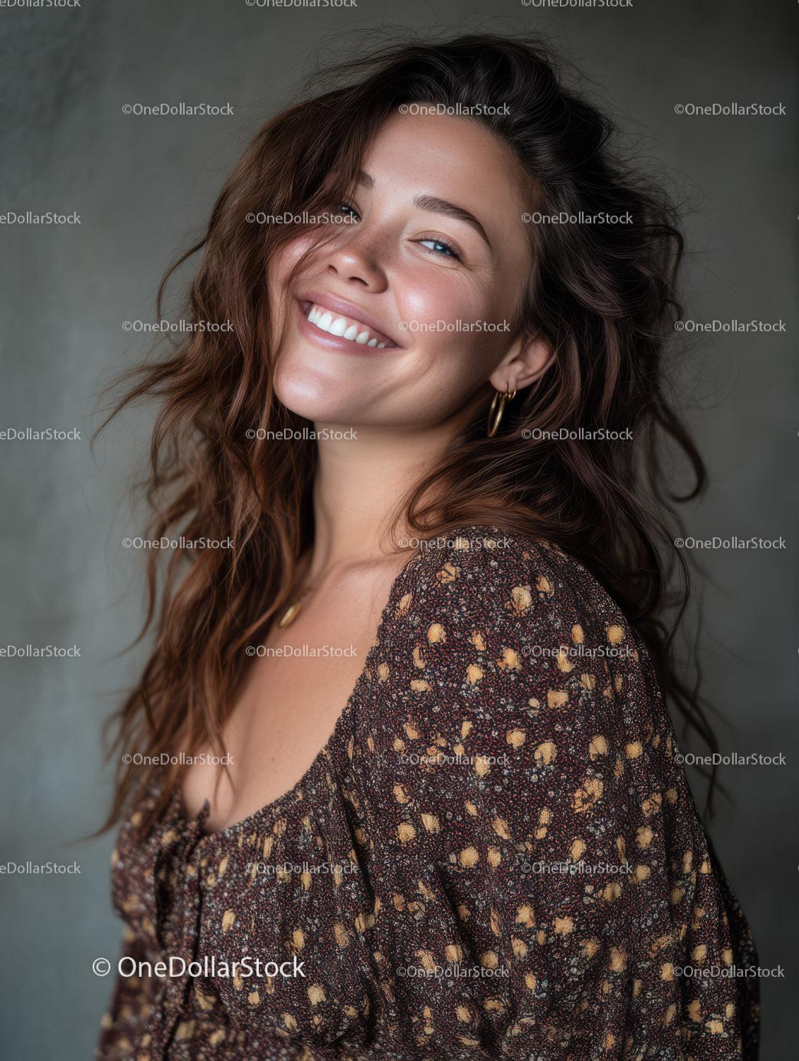 Smiling Woman with Wavy Hair Wearing Floral Dress in Studio