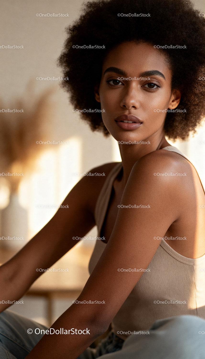 Thoughtful young woman with natural afro hairstyle indoors
