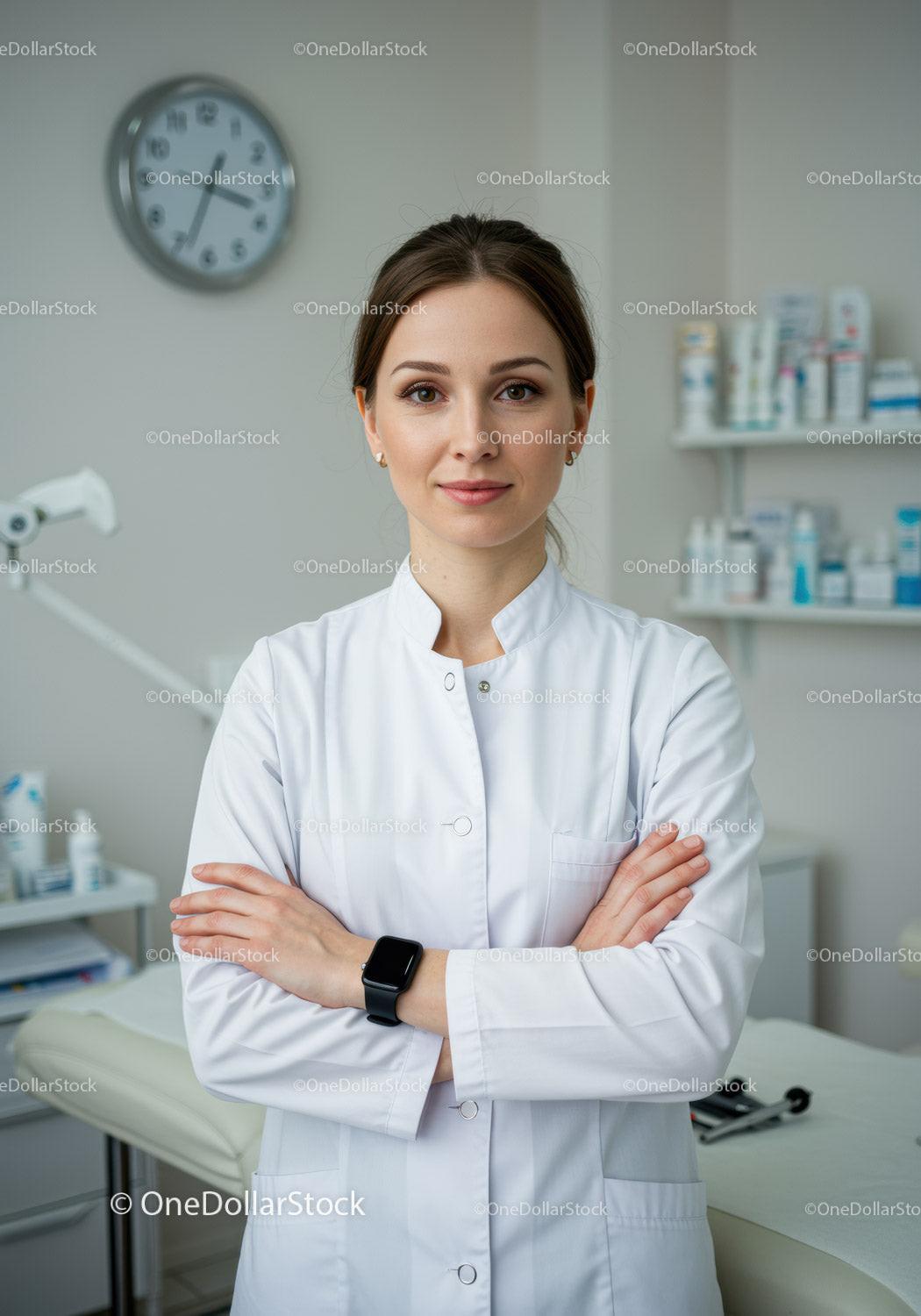 Confident Female Doctor in White Coat in Modern Medical Clinic