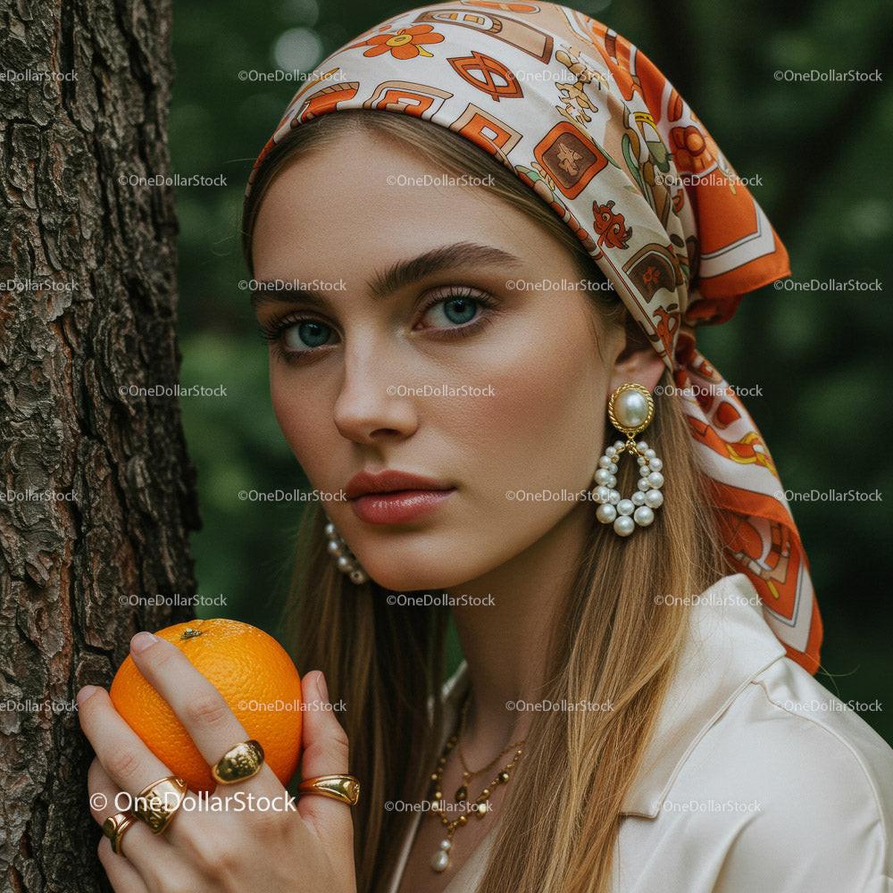 Stylish Woman Holding an Orange in a Bright Outdoor Setting Stock Photo Bundle preview 28
