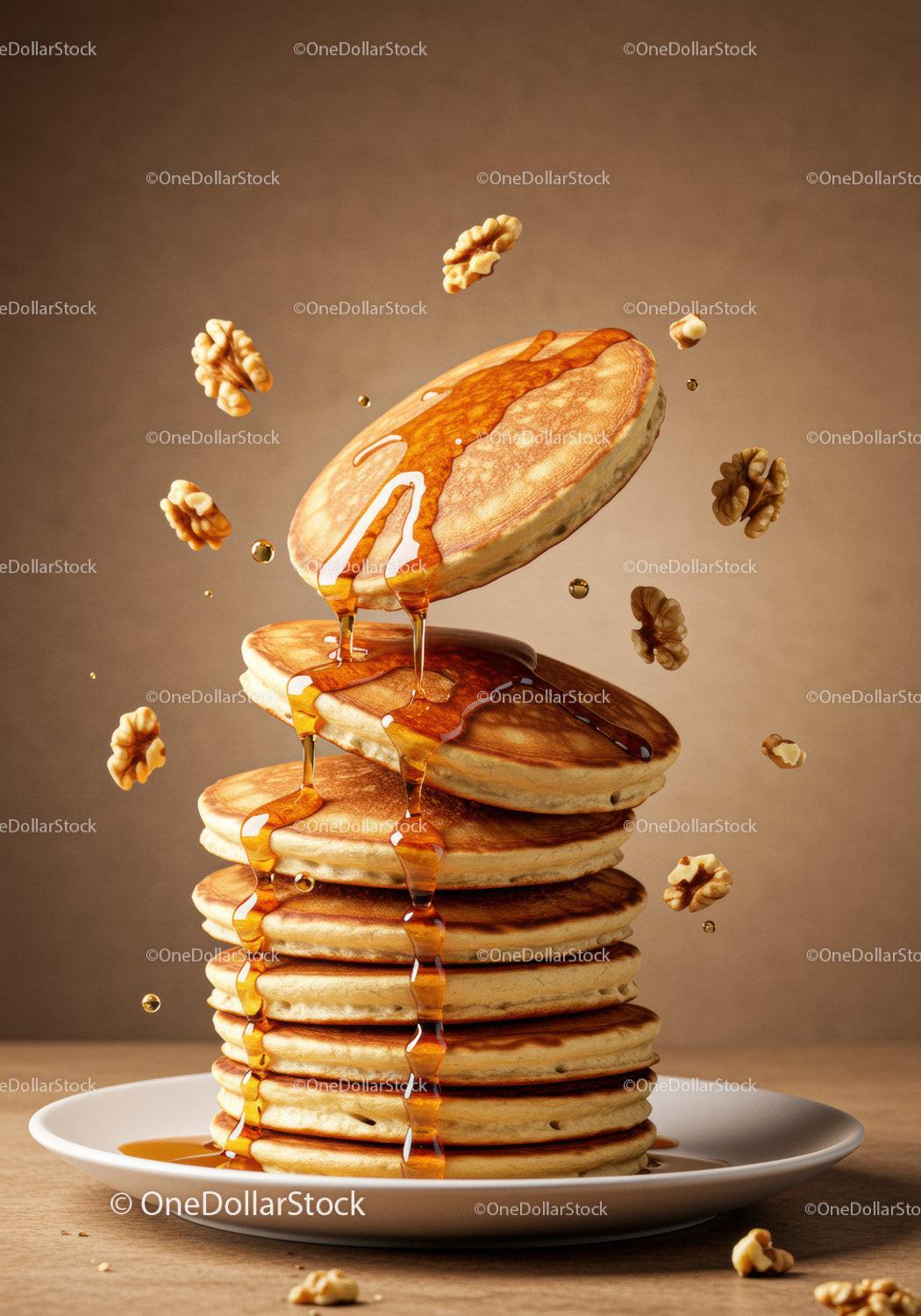 Stack of fluffy pancakes drizzled with syrup and walnuts