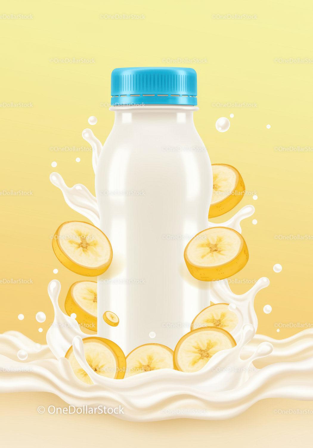 Bottle of Milk with Fresh Banana Slices Splashing JPG Mockup Image preview
