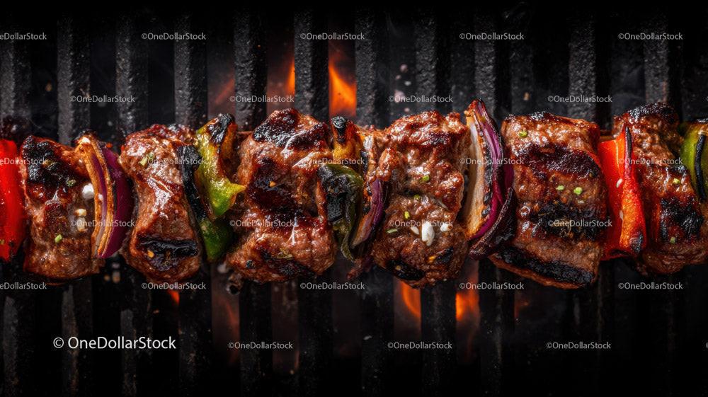 Juicy Grilled Meat Skewers with Charred Edges on Open Flame Stock Photo Bundle preview 23