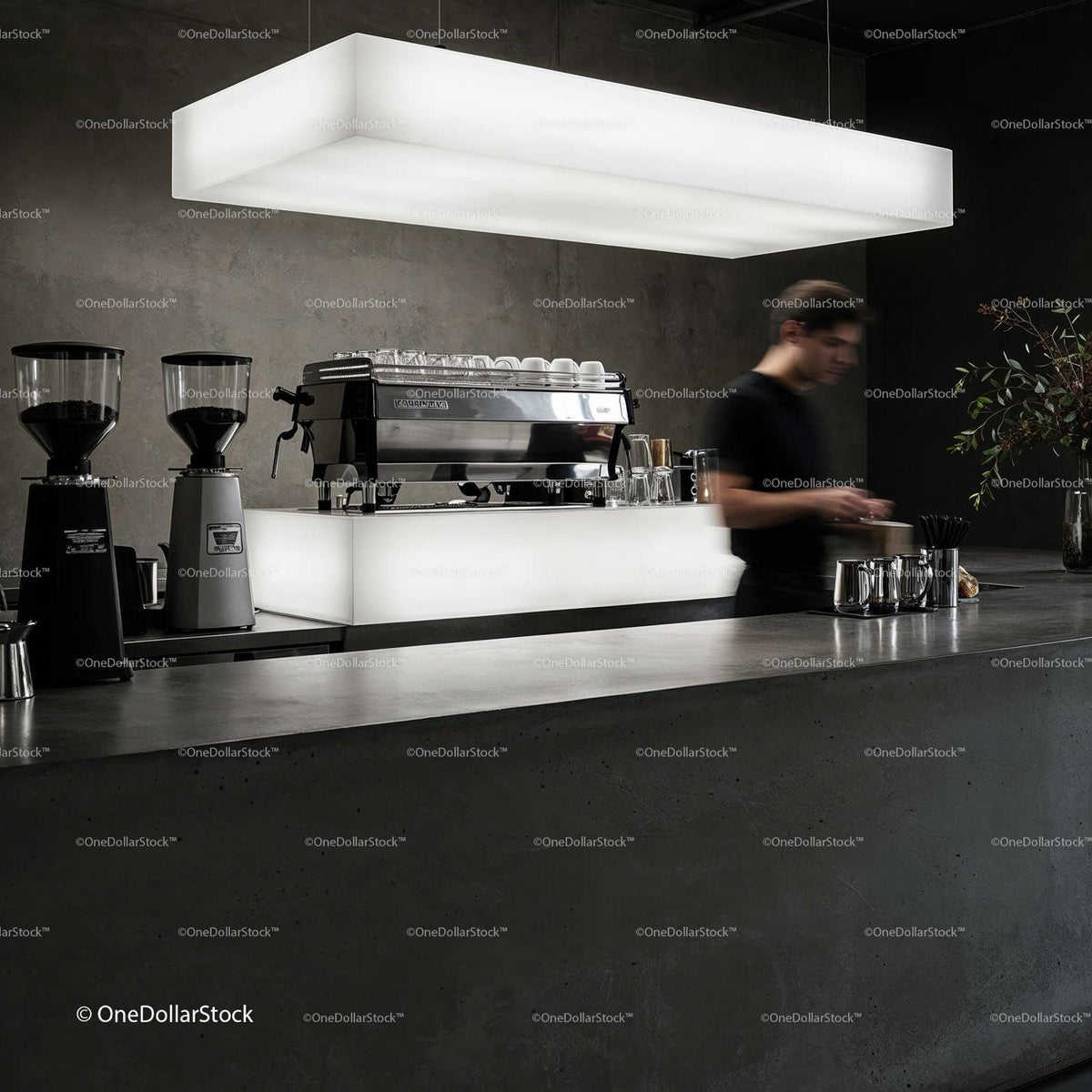 Barista preparing coffee in modern minimalist cafe interior JPG Mockup Image preview