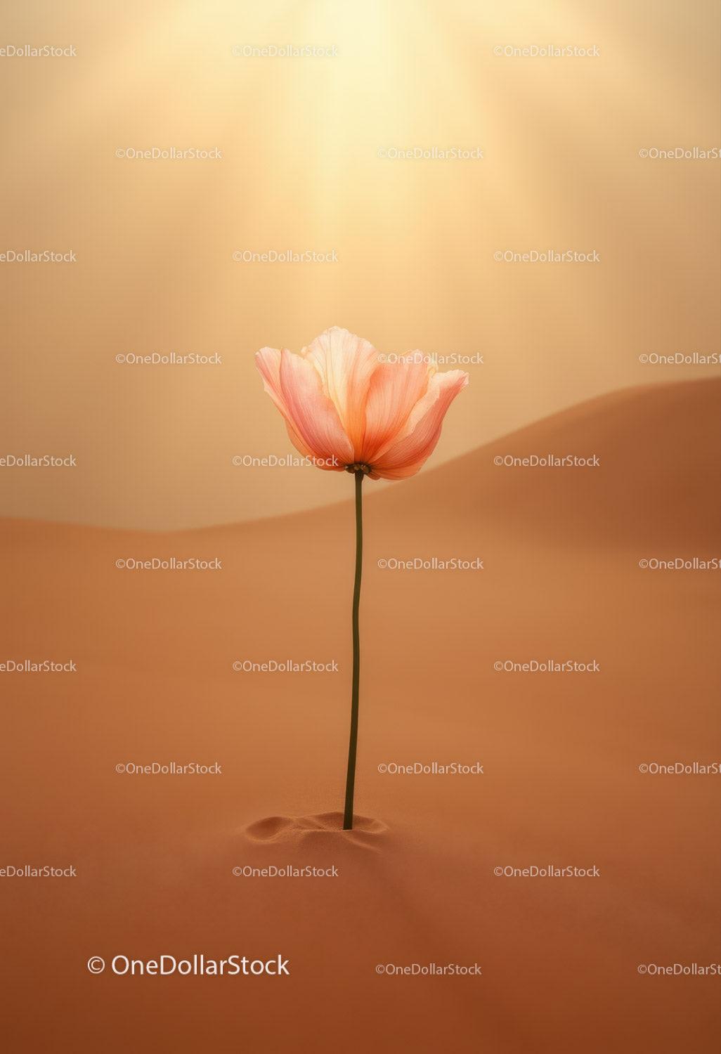 Delicate flower blossoming alone in soft desert sands