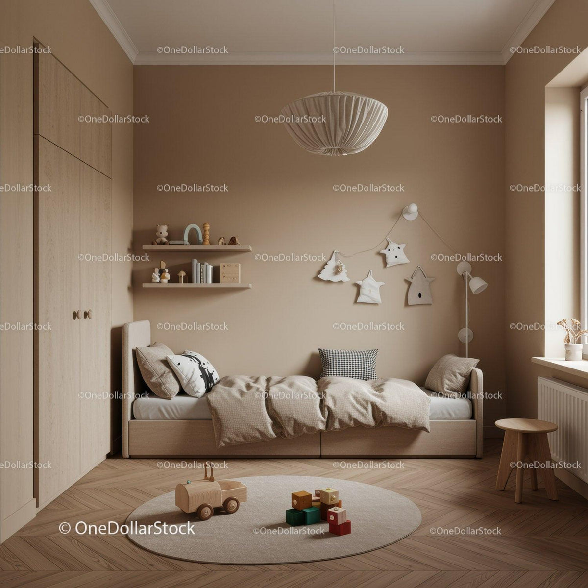Cozy Children's Bedroom with Beige Walls and Wooden Furniture