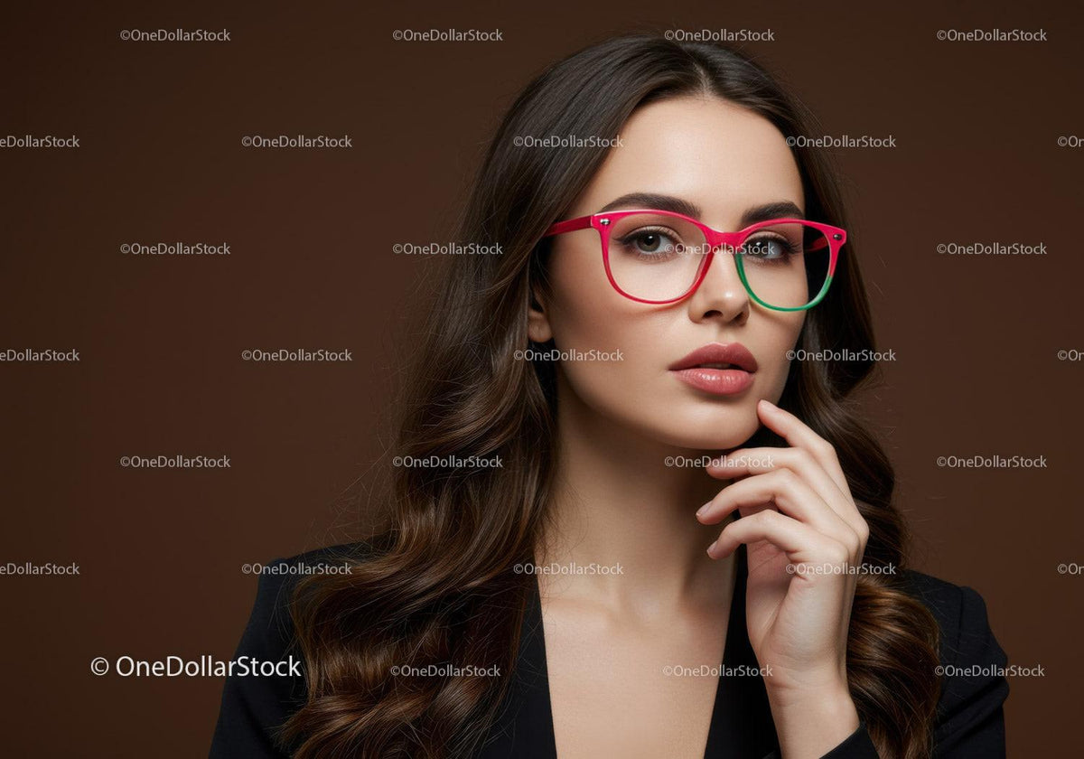 Stylish Woman Wearing Red and Green Glasses with Brown Background
