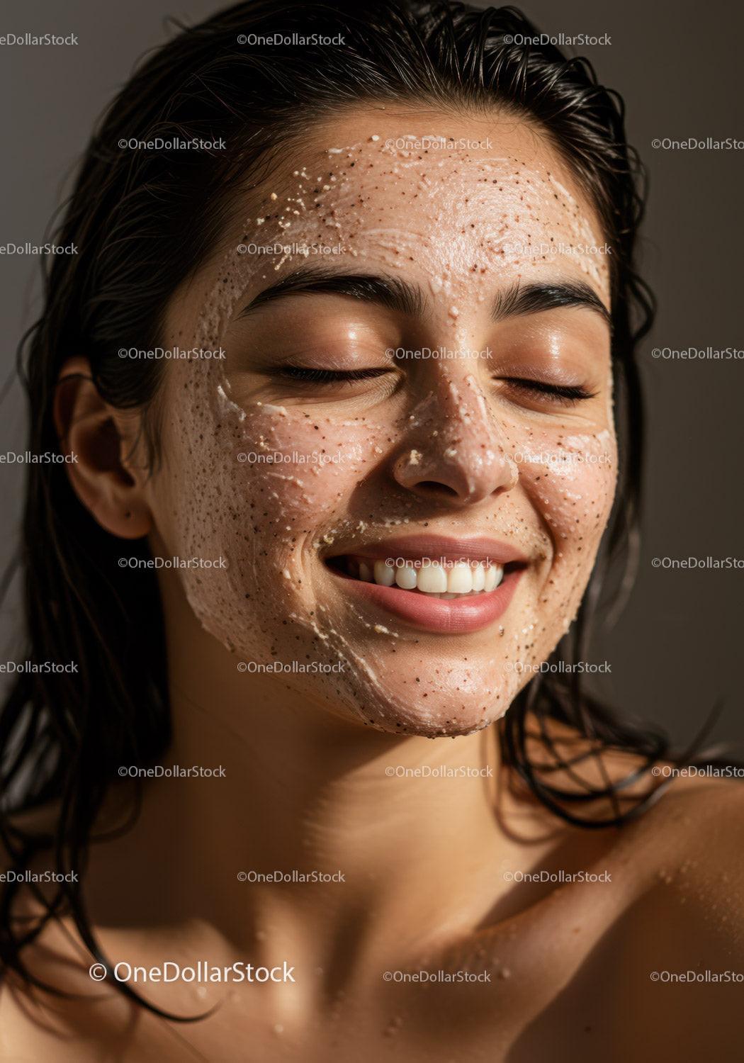 Happy Woman with Exfoliating Facial Mask Showing Radiant Skin