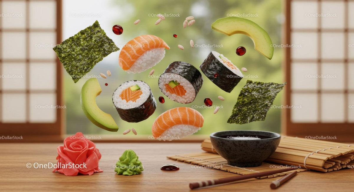 Fresh sushi rolls and ingredients floating above table