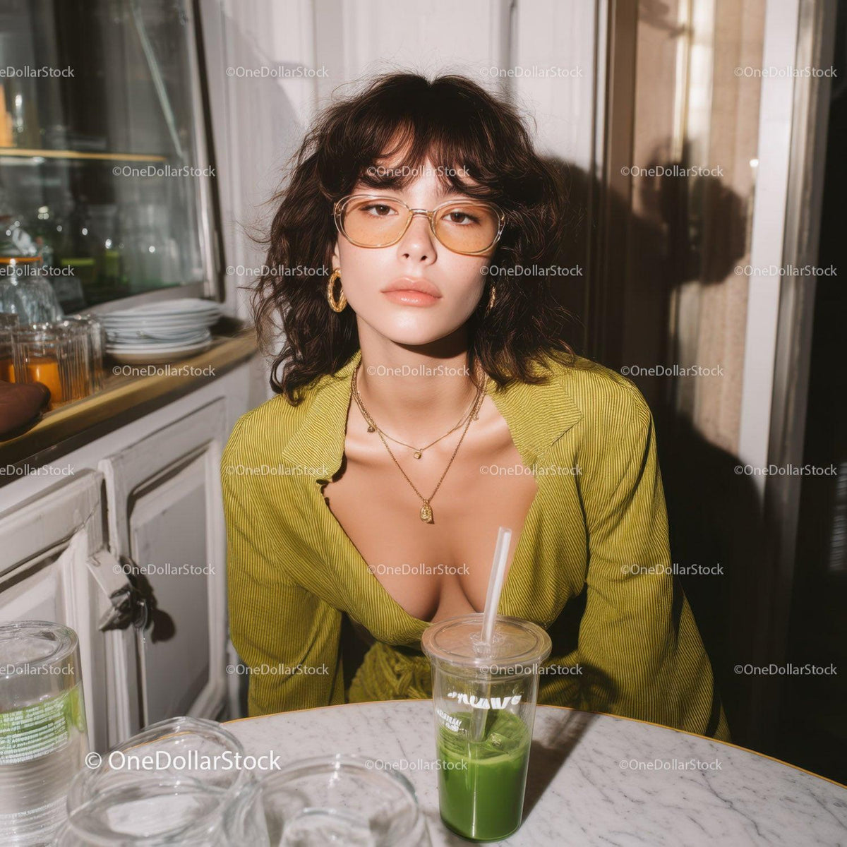 Fashionable woman with glasses and jewelry sitting with drink in cafe
